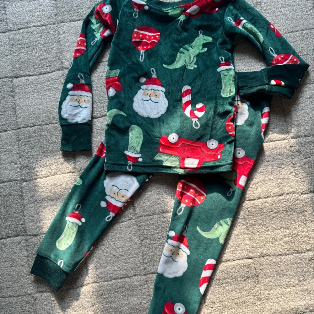 Toddler Green Santa & Holiday Ornament Print Pajama Set